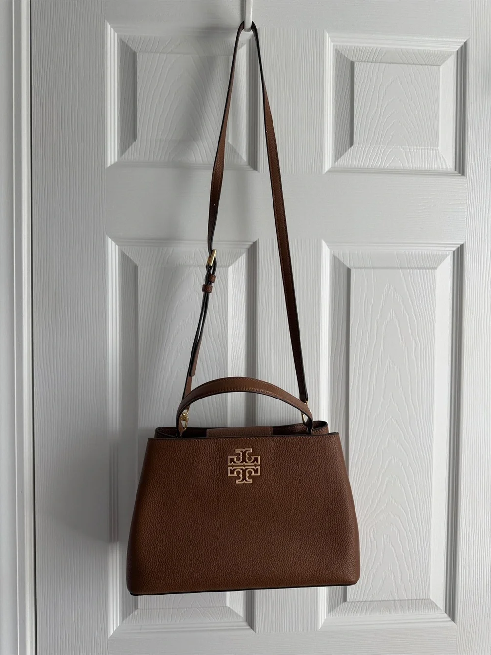Tory Burch Brown Pebbled Leather Satchel with Top Handle & Adjustable Strap